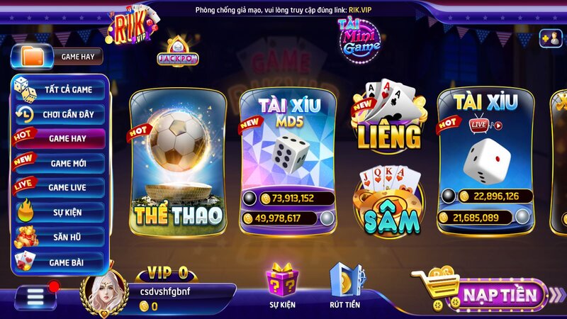 Giao diện của cổng game RIKVIP