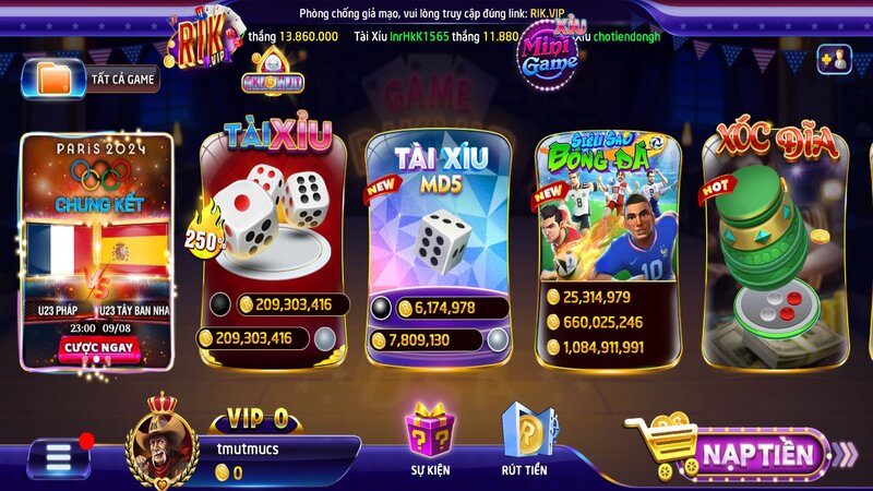 Giao diện chính của cổng game RIKVIP