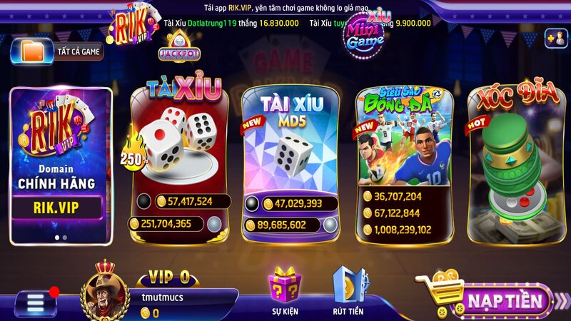 Giao diện chính của cổng game RIKVIP 